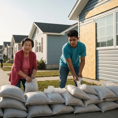 Community members preparing for a hurricane, securing their homes