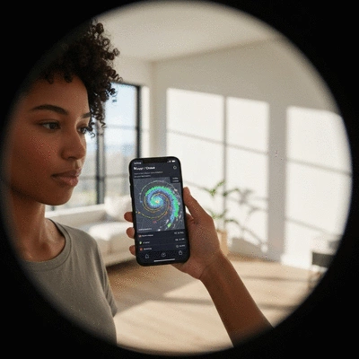 Person using a hurricane tracking app on a smartphone, showing a storm path on a map