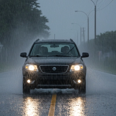 Car driving cautiously through heavy rain during hurricane, low visibility