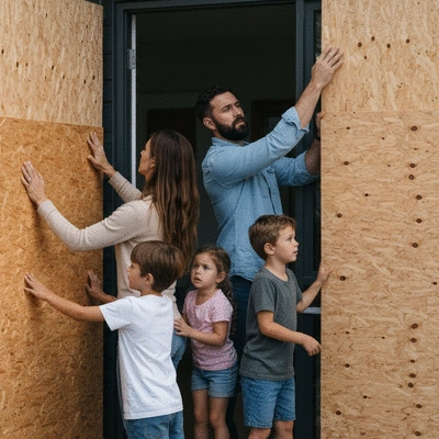 Family securing their home before a hurricane