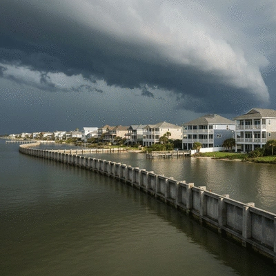 Coastal community with flood barriers during a hurricane