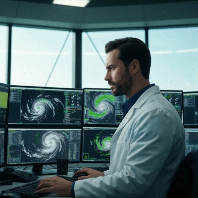 Meteorologist analyzing hurricane data on multiple screens
