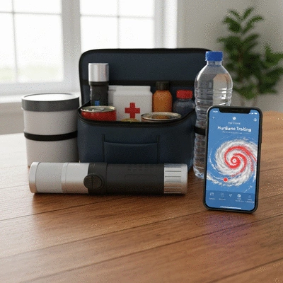 Emergency preparedness kit with hurricane tracking app on a smartphone