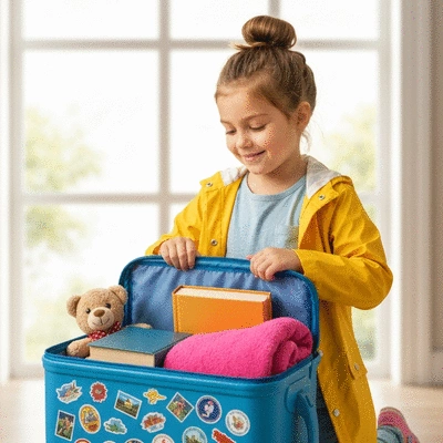 Child packing a small backpack with comfort items like a stuffed animal and a book for a hurricane emergency kit