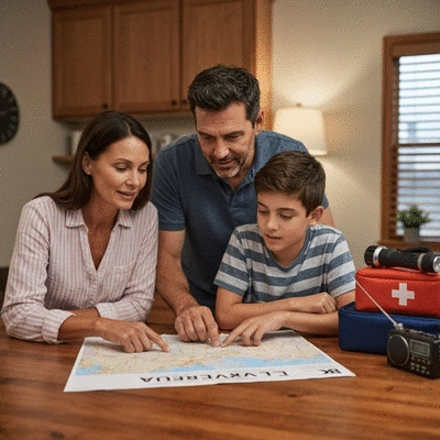 Family discussing hurricane evacuation routes on a map at home