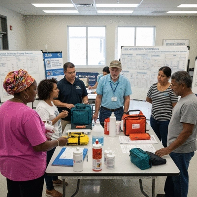Community members collaborating during a hurricane preparedness workshop