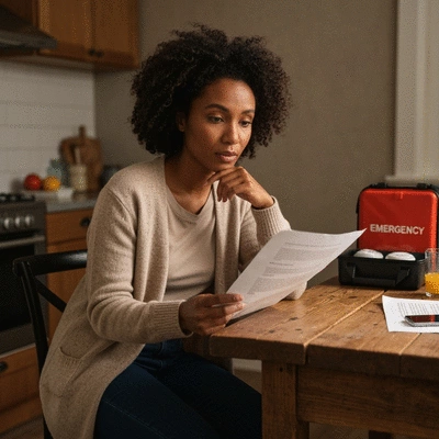Family reviewing hurricane safety plan on a table