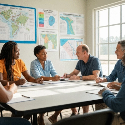 Community members gathered in a meeting discussing hurricane preparedness plans, with maps and charts
