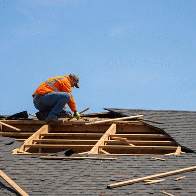 Person inspecting a damaged roof after a hurricane