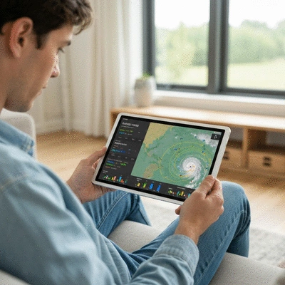 Person looking at a hurricane tracking map on a tablet with real-time data