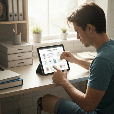 Person using a tablet to create a personalized hurricane safety plan, with a checklist and emergency supplies in the background.