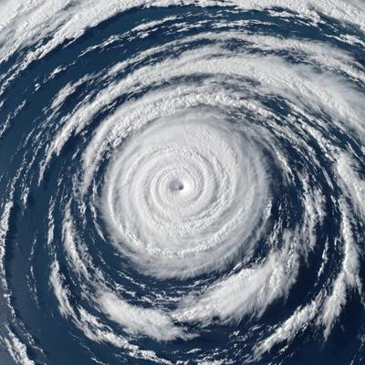 Satellite view of a powerful hurricane over the ocean, showing the eye and swirling clouds