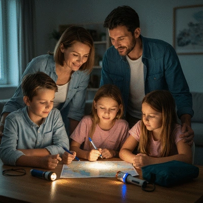 Family reviewing hurricane preparedness checklist at home