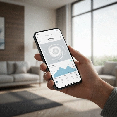 Smartphone displaying a weather app with hurricane tracking information, clean interface